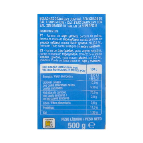 PRODUCTO ALCAMPO Crackers sin granos de sal en la superficie 500 g.