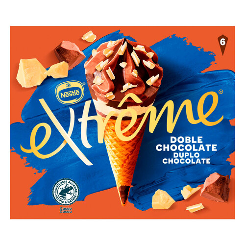 EXTRÈME Cono de helado de chocolate blanco, con leche y negro, con virutas de chocolate blanco 6 x 120 ml.