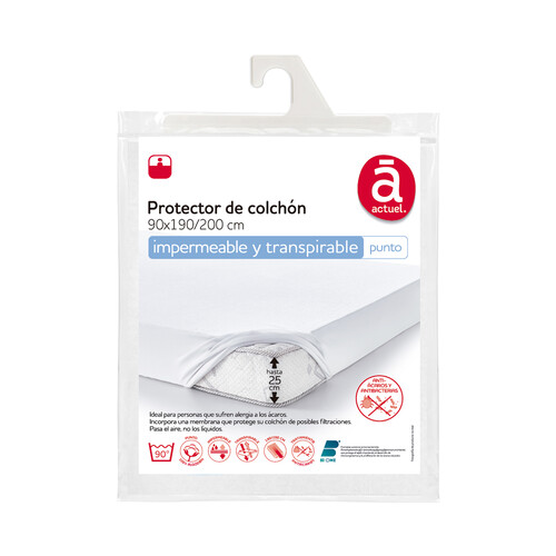 Protector de colchón impermeable 100% algodón con tratamiento antiácaros, 135 centímetros ACTUEL.