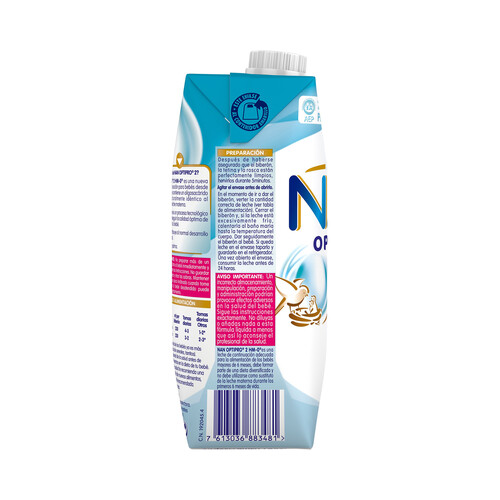 NAN Leche (2) infantil de continuación premium, sin aceite de palma y a partir de 6 meses NAN Optipro 500 ml.