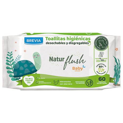 BREVIA Natur flush Toallitas humedas higiénicas, desechables y biodegradables para bebé 60 uds.