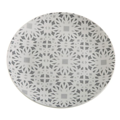 Plato de postre de porcelana diseño azulejos vintage color gris, 19 cm. Losett VERSA.