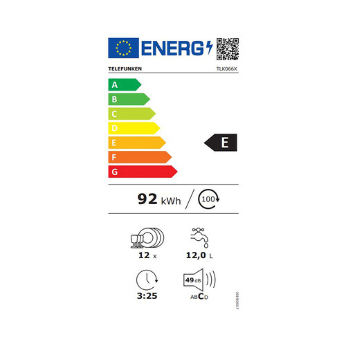 Lavavajillas TELEFUNKEN TLK066X, clasificación energética: E, H: 85cm, A: 59,8cm, F: 59,8cm.