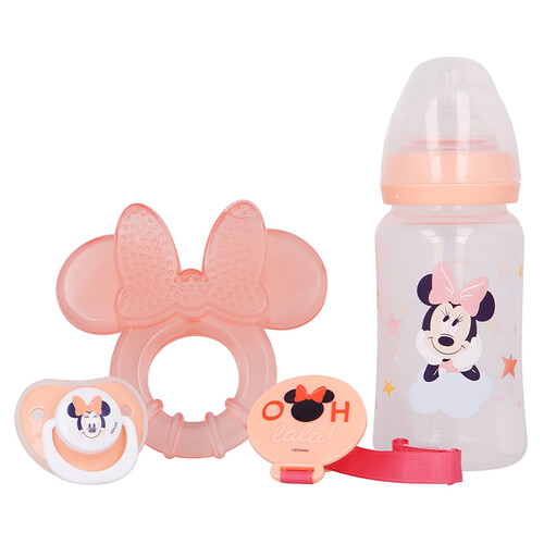 Set de 4 piezas (biberón de 240 ml, chupete anatómico, mordedor y sujetachupetes), MINNIE DISNEY.