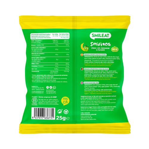 SMILEAT Smilitos Snacks a base de cereales ecológicos, con manzana y plátano, a partir de 8 meses 25 g.