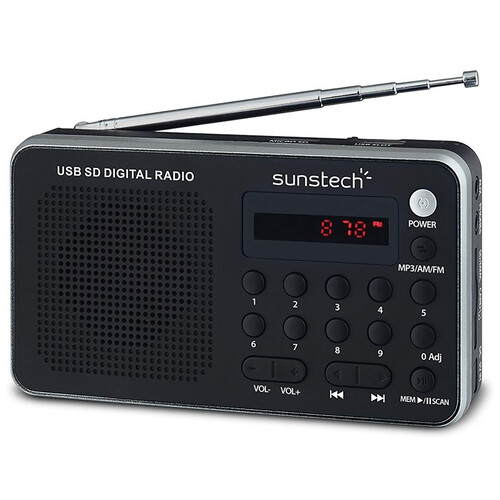 Radio portátil SUNSTECH RPDS32, sintonizador de radio digital FM, lector USB y tarjetas de memoria MicroSD/SD/MMC.