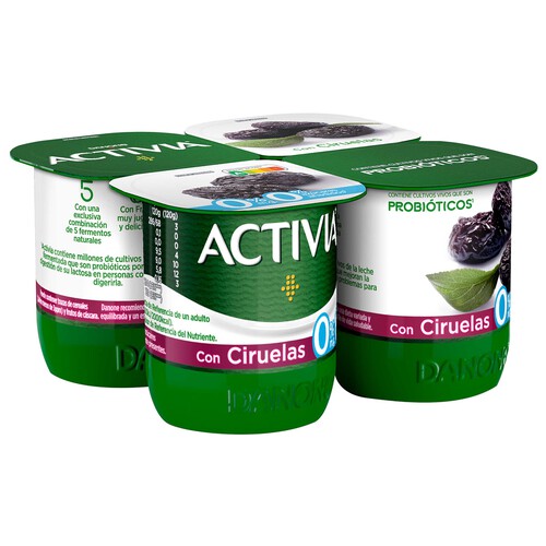 ACTIVIA Bífidus desnatado (0% materia grasa) con trocitos de ciruela de Danone 4 x 120 g.