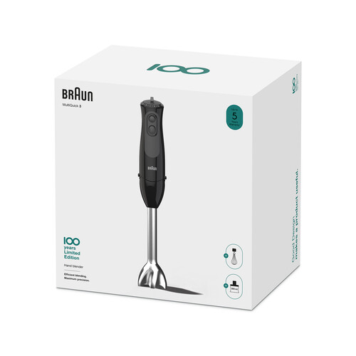 Batidora de mano con brazo de acero inoxidable BRAUN MQ3135BK, 900W, 11 velocidades, incluye picadora, varillas y vaso medidor.