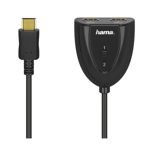 Distribuidor de HDMI HAMA, 1 Macho y 2 Hembras, terminales dorados, color negro.
