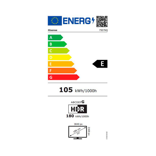 Televisión 190,5 cm (75) QLED HISENSE 75E7NQ, 4k, Smart TV,  VIDAA, 2USB, HDR 10+,color negro.