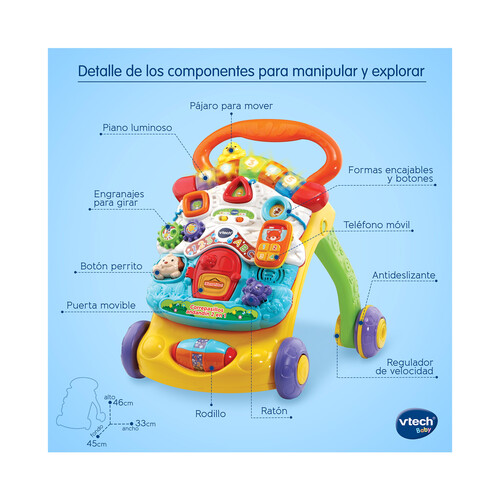 Andador andandín 2 en 1 Correpasillos con panel de actividades extraíble, sistema de frenado y plegable VTech Baby. Edad recomendada desde 9-36 meses