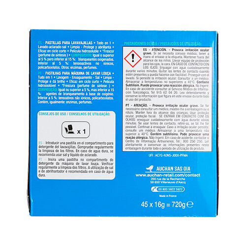 PRODUCTO ALCAMPO Detergente para lavavajillas para máquinas, frescor Todo en 1 PRODUCTO ALCAMPO 45 uds. x 16 g.