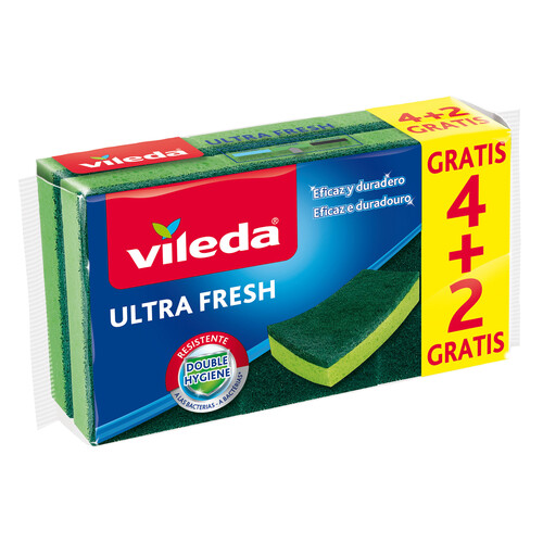 VILEDA Ultra fresh Estropajos de fibra verde con esponja, resistentes a las bacterias 4 uds.
