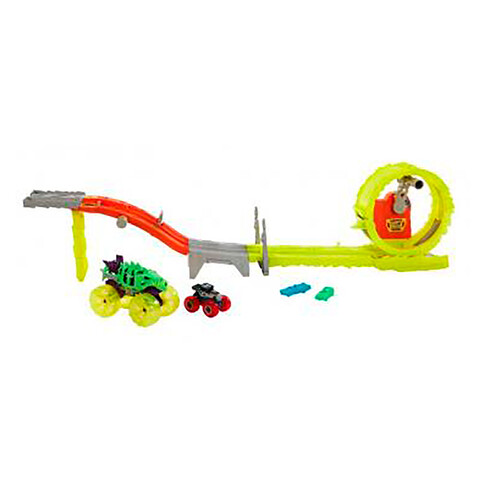 HOT WHEELS Monster Trucks Race & Chase Challenge: Pista y 2 Camiones Skelesaurus, 116cm, +4 años.