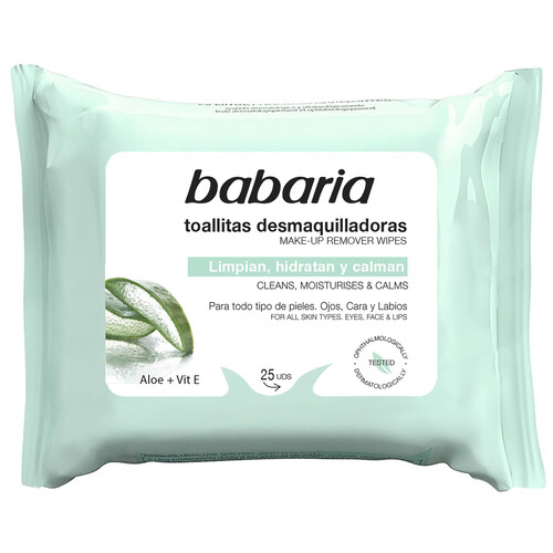 BABARIA Toallitas desmaquillantes con aloe vera y vitamina E, para todo tipo de pieles BABARIA 25 uds.