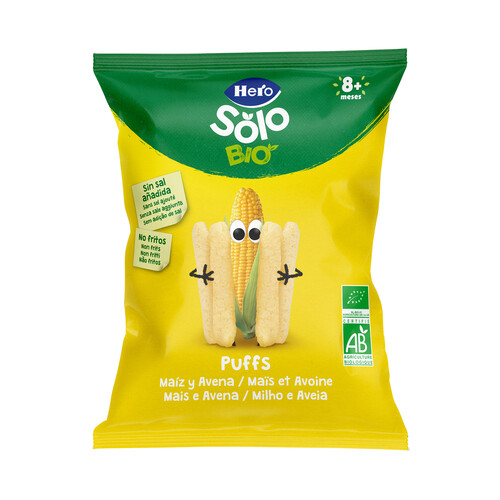 HERO Solo bio Snacks infantiles no fritos y sin sal añadida. de maíz y avena ecológicas, a partir de 8 meses 25 g.