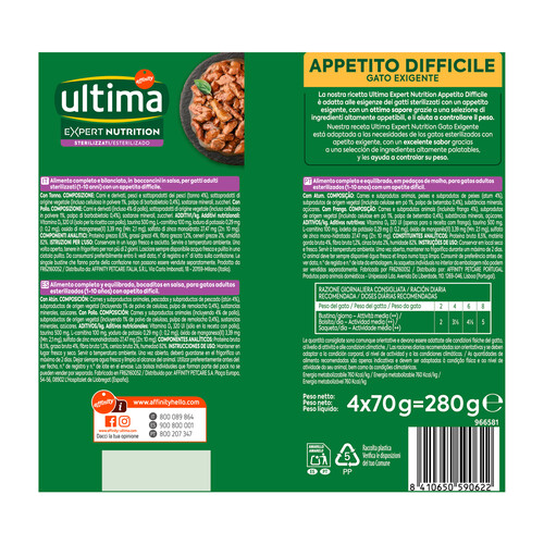 ULTIMA Expert nutrition Alimento para gatos adultos esterilizados (1-10 años) con apetito dificil 4 x 70 g.