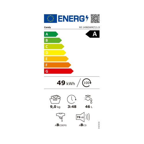 Lavadora CANDY RO 1496DWMCT1-S capacidad de carga: 9KG, clasificación energética: A, 1400RPM, H: 85cm, A: 60cm, F: 53cm.