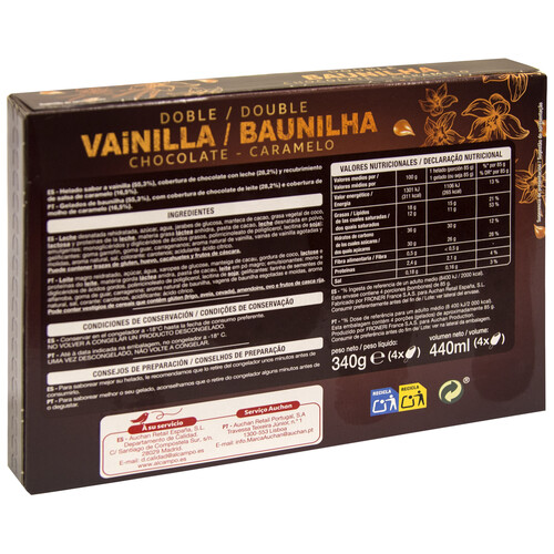 AUCHAN Bombon de helado de vainilla con salsa de caramelo, recubierto de chocolate con leche doble 4 x 100 ml. Producto Alcampo