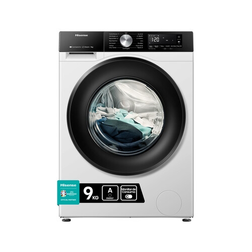 Lavadora HISENSE WF3S9043BW3 9KG, color blanca, clasificación energética: A, 1400RPM, H: 84,5cm, A: 59,5cm, F: 55cm.