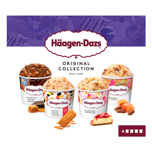 HÄAGEN-DAZS Original collection Mini tarrinas de helados surtidos (chocolate, caramelo, vainilla y cheesecake) 4 x 95 ml.