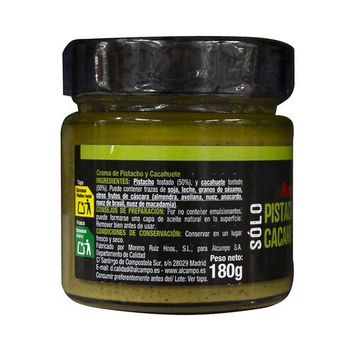 PRODUCTO ALCAMPO Crema de pistacho (50%) y cacahuete (50%) 180 g.