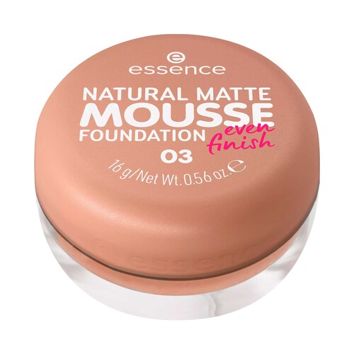 ESSENCE Natural matte mousse tono 03 Base de maquillaje mousse, cobertura media, aspecto mate natural.