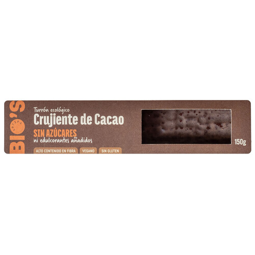 ARTIPA Bio´s Turrón ecológico de chocolate crujiente, sin azúcares ni edulcorantes añadidos 150 g.