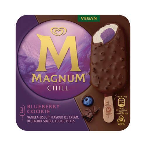 MAGNUM Chill Bombón helado vegetal de vainilla y sorbete de arádanos, recubierto de chocolate 3 x 90 ml.