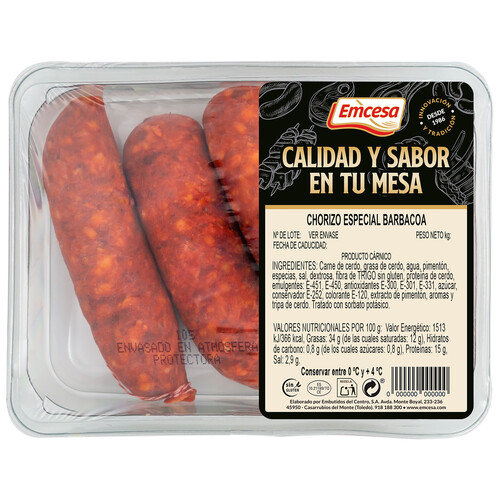 EMCESA Bandeja de chorizos especiales para barbacoa, elaborados sin gluten