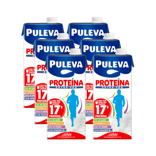 PULEVA Proteína extra pro Leche de vaca desnatada, sin lactosa, con un alto contenido en proteínas 6 x 1 l.