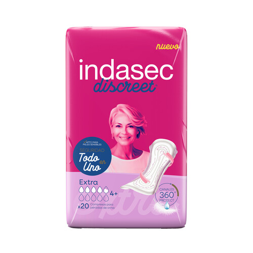 INDASEC Discreet Compresas incontinencia extra para pérdidas de orina moderadas a severas 20 uds.