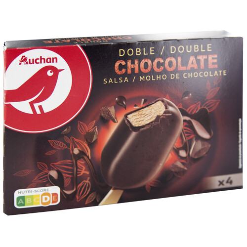 AUCHAN Bombon helado de chocolate con salsa de chocolate, recubierto de chocolate doble 4 x 100 ml. Producto Alcampo