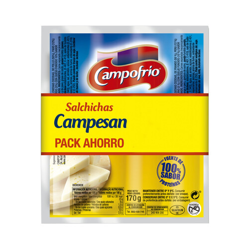 CAMPOFRÍO Salchichas de pollo, pavo y cerdo, tipo Frankfurt cocidas, ahumadas y con queso CAMPOFRÍO Campesan 2 x 170 g.