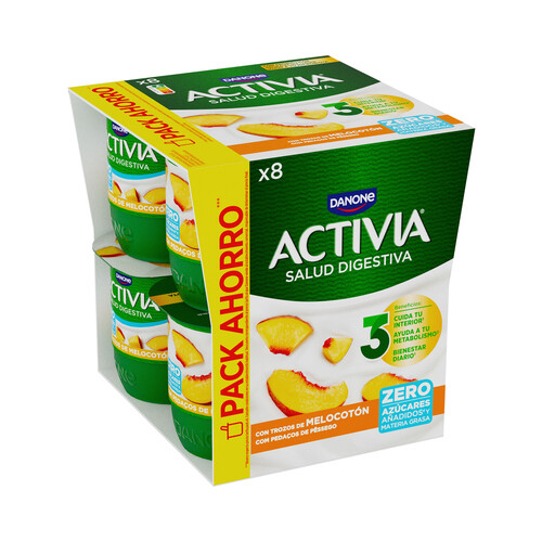 ACTIVIA  de Danone Bífidus desnatado (0% materia grasa) con trozos de melocotón 8 x 120 g.