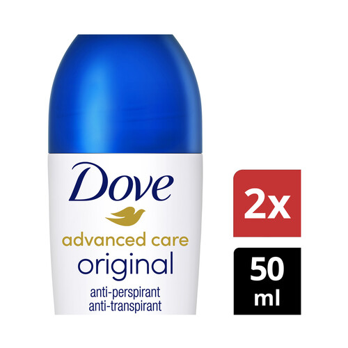 DOVE Desodorante roll on para mujer con protección antitranspirante hasta 72 horas DOVE Advanced care original 2 x 50 ml.