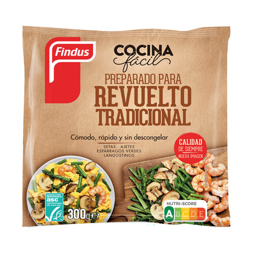 FINDUS Cocina fácil Preparado para revuelto tradicional (setas, ajetes, esparragos verdes y langostinos) 300 g.