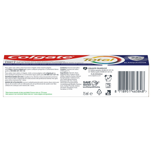 COLGATE Total blanqueador Pasta de dientes con protección 8 en 1 y acción blanqueante COLGATE 75 ml.