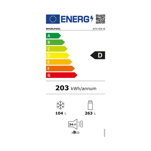 Frigorífico combi 203cm WHIRLPOOL W7X 93A W, color blanco, No Frost, clasificación energética: D, H: 200,3cm, A: 59,6cm, F: 67,8cm, capacidad total: 367L.