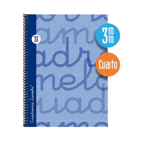 Cuaderno de espiral tamaño cuarto con 80 hojas de cuadrovía 3mm. Cubierta extra dura color azul. EDITORIAL LAMELA.