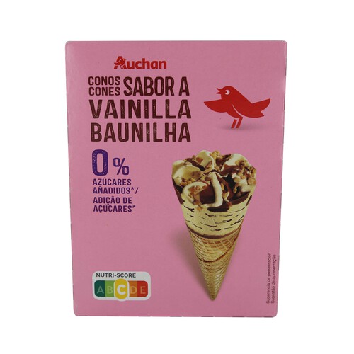 AUCHAN Conos de helado sabor a vainilla con trocitos de almendras, sin azucares añadidos 4 x 120 ml. Producto Alcampo