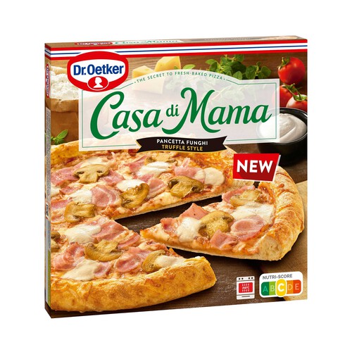 DR. OETKER Casa di mama Pizza congelada de masa fina con tocino, champiñones, queso y sabor a trufa 407 g.