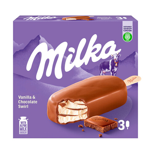 MILKA Helado de vainilla con chocolate con leche (leche proviniente de los Alpes) recubierto de chocolate con leche 3 x 90 ml.