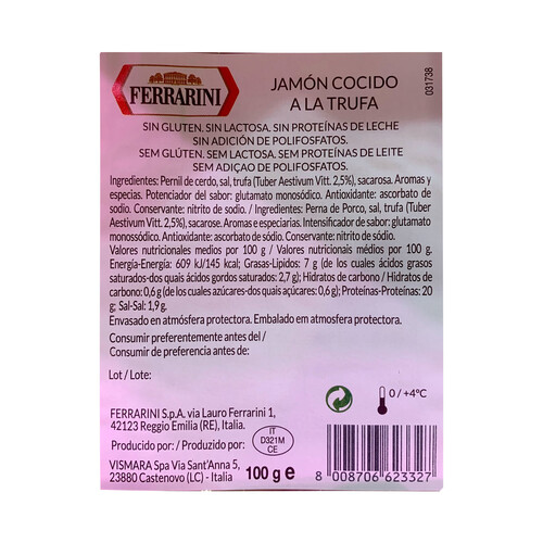 FERRARINI Jamón cocido a la trufa cortado en lonchas FERRARINI Selección gourmet 100 g.