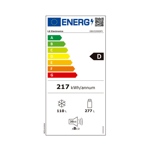 Frigorífico combi LG GBV3200DPY, clasificación energética: D, H: 203cm, A:59,5cm, F: 68,2cm, INOX.