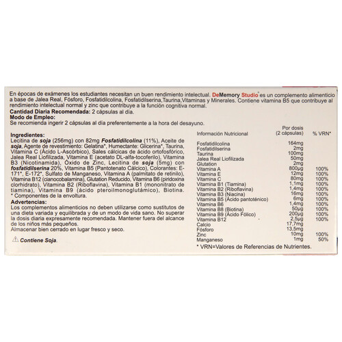 DE MEMORY Complemento alimenticio que contribuye al rendimiento intelectual normal DE MEMORY STUDIO 30 comprimidos.