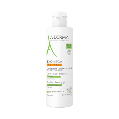 A.DERMA Exomega Gel espumoso emoliente, para pieles secas con tendencia al eczema atópica 500 ml.