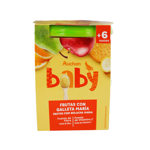 ALCAMPO BABY Tarrito de frutas (manzana, plátano, naranja y pera) con galleta maría, a partir de 6 meses ALCAMPO BABY 2 x 200 g.