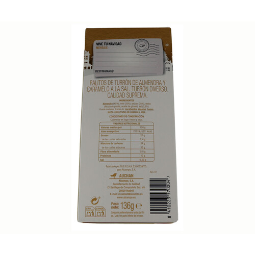 PRODUCTO ALCAMPO Palitos de turrón de almendra con chocolate negro 140 g.