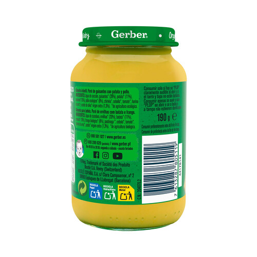 GERBER Organic Tarrito de guisantes con patata y pollo, a partir de 6 meses 190 g.